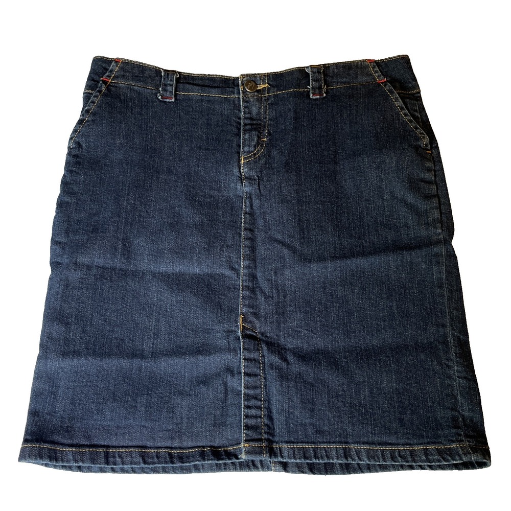 Lacoste Denim Skirt Womens 42 Blue Jean Embroidered Crocodile Logo Pocket Split